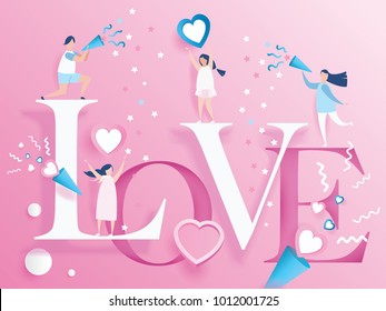 lovely joyful couple Valentine's day Celebration on pink background with text LOVE design for Valentine's day festival. love pink heart. Vector illustration.paper art style.