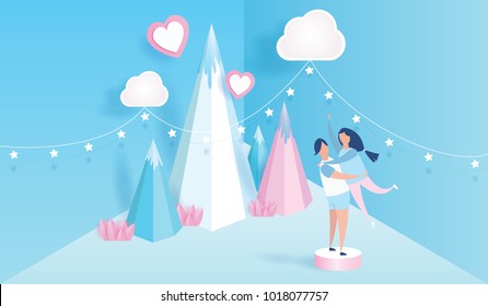 encantadora pareja alegre. Decoración del día de San Valentín sobre fondo azul con el corazón rosa y diseño de nubes para el festival de San Valentín. Ilustración vectorial.Estilo de arte de papel.