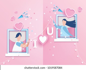 lovely joyful couple Valentine's day Decoration on window with text I LOVE YOU design for Valentine's day festival. love pink background. Vector illustration.paper art style.