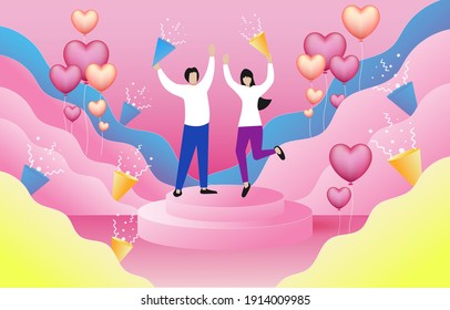 lovely joyful couple Valentine's day Celebration on big pink heart with text LOVE design for Valentine's day