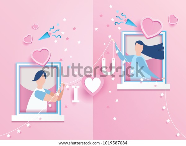 バレンタインデーの祭りのデザインを愛する 美しく楽しい夫婦のバレンタインデーの飾り付けと文字付き ピンクの背景に愛 ベクターイラスト 紙のアートスタイル のベクター画像素材 ロイヤリティフリー