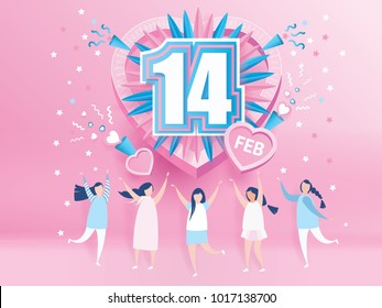 lovely joyful women. Valentine's day Celebration on big pink heart with text 14 February design for Valentine's day festival. love pink background. Vector illustration.paper art style.