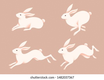 Lovely Jumping White Rabbits In Four Action