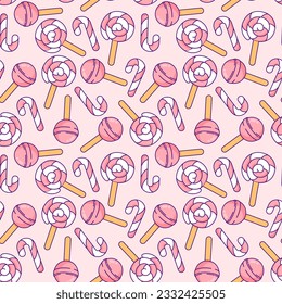 Lovely Kawaii Candy Lollipop Pattern. Vector Seamless Design. Adorable vector seamless pattern featuring kawaii style candy lollipops in charming pink colors, ideal for wrapping paper design.