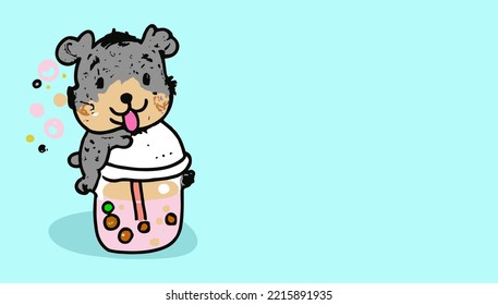 Lovely kawaii dog. Bubble tea, gourmet drinks, coffee and soft drinks. Vector illustration.