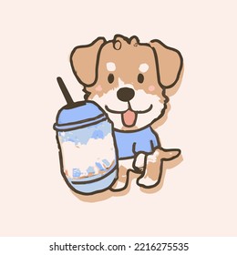 Lovely kawaii dog. Bubble tea, gourmet drinks, coffee and soft drinks. Vector illustration.