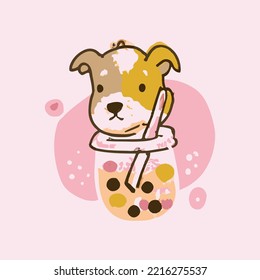 Lovely kawaii dog. Bubble tea, gourmet drinks, coffee and soft drinks. Vector illustration.