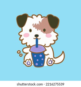 Lovely kawaii dog. Bubble tea, gourmet drinks, coffee and soft drinks. Vector illustration.