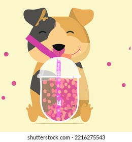 Lovely kawaii dog. Bubble tea, gourmet drinks, coffee and soft drinks. Vector illustration.