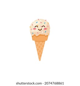 Lovely kawaii face ice cream flat vector illustration isolated on white background. Cute adorable delicious ice cream with smiling childish kawaii face.