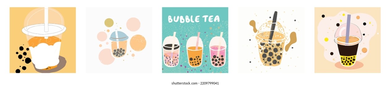 Lovely kawaii Taiwanese milk tea. Bubble tea, gourmet drinks, coffee and soft drinks. Vector illustration.