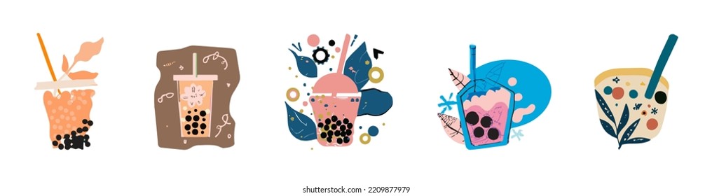 Lovely kawaii Taiwanese milk tea. Bubble tea, gourmet drinks, coffee and soft drinks. Vector illustration.