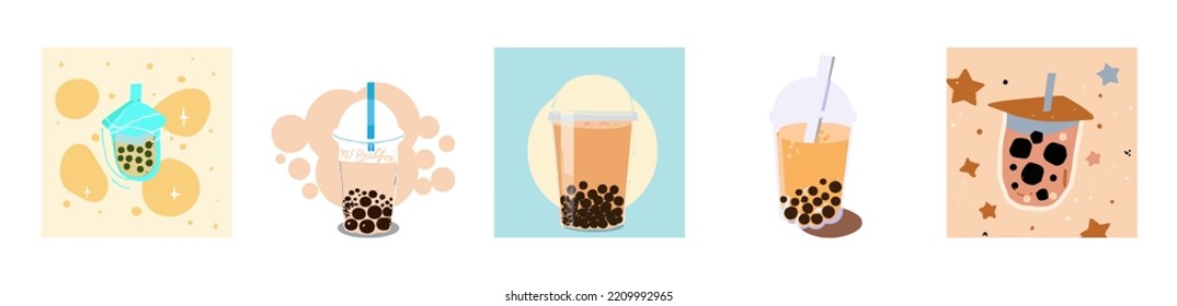 Lovely kawaii Taiwanese milk tea. Bubble tea, gourmet drinks, coffee and soft drinks. Vector illustration.