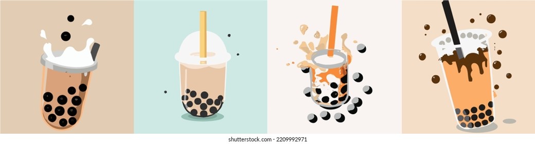 Lovely kawaii Taiwanese milk tea. Bubble tea, gourmet drinks, coffee and soft drinks. Vector illustration.