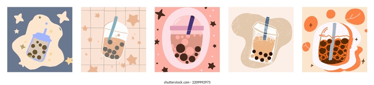 Lovely kawaii Taiwanese milk tea. Bubble tea, gourmet drinks, coffee and soft drinks. Vector illustration.