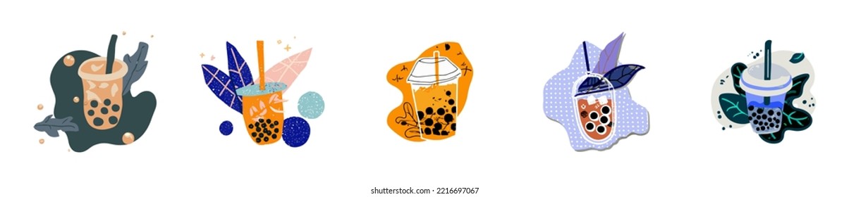 Lovely kawaii Taiwanese milk tea. Bubble tea, gourmet drinks, coffee and soft drinks. Vector illustration.