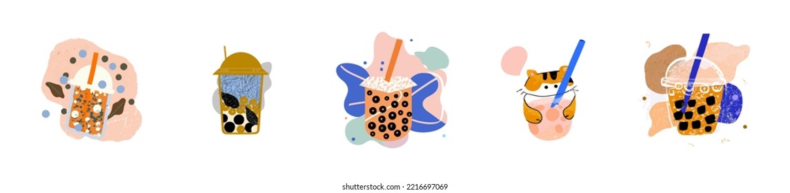 Lovely kawaii Taiwanese milk tea. Bubble tea, gourmet drinks, coffee and soft drinks. Vector illustration.