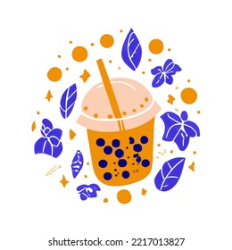 Lovely kawaii Taiwanese milk tea. Bubble tea, gourmet drinks, coffee and soft drinks. Vector illustration.