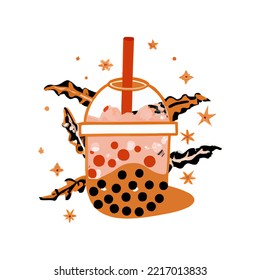 Lovely kawaii Taiwanese milk tea. Bubble tea, gourmet drinks, coffee and soft drinks. Vector illustration.