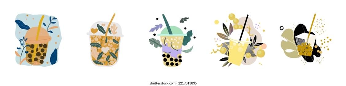 Lovely kawaii Taiwanese milk tea. Bubble tea, gourmet drinks, coffee and soft drinks. Vector illustration.