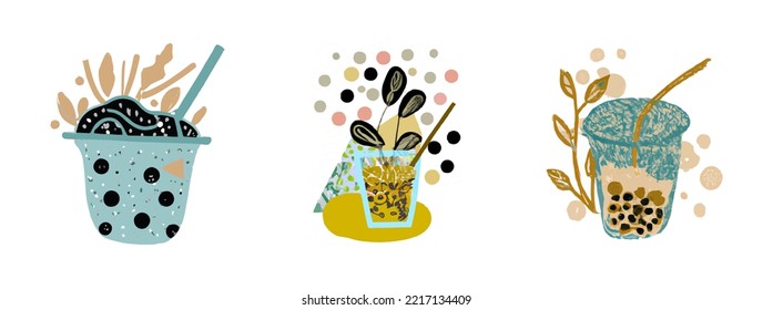 Lovely kawaii Taiwanese milk tea. Bubble tea, gourmet drinks, coffee and soft drinks. Vector illustration.