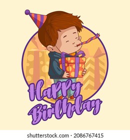 Lovely Kid Vector Illustration Supplemented With HAPPY BIRTHDAY Text. Enthusiastic Little Boy In A Party Hat Holding A Gift And Blowing A Party Horn. Square Poster, Social Media Post, Greeting Card