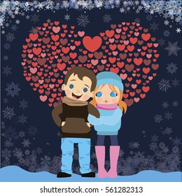 Lovely kids. Girl and boy in winter clothes. Valentine day