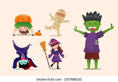 Lovely Kids in Halloween Dracula, Witch, Pumpkin boy, Mummy and Zombie costumes.  Kid characters. Funny and cute carnival kids set. Halloween cartoon Vector illustration.