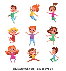 Lovely Kids Happily Jumping Set, Cute Preschool Kids Having Fun, Celebrating Holidays or Doing Sports Cartoon Style Vector Illustration