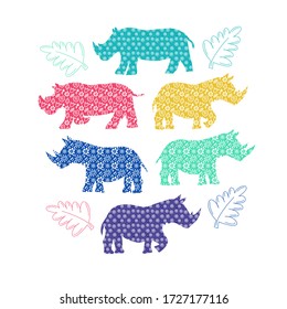 Lovely kids style art set - colorful rhinoceros with floral pattern. Decorative animals for print, stickers, childish apparel. Nice texture with flowers.  Kind wild savanna animals isolated on white