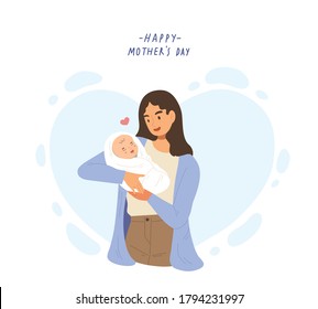 Lovely and kind mother holding her baby on light blue heart. Concept of mother's day, feeling hearty and warm, mom and baby relationship, holding infant, caring, bonding. Flat vector illustration.