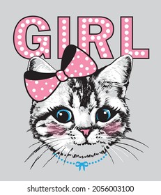 Lovely kitten faces with big bow with dots and slogan Girl. Vector illustration.