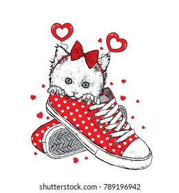 Lovely kitten in sneakers with a festive rim on his head. Vector illustration for a postcard or a poster. Valentine's Day, love and friendship.