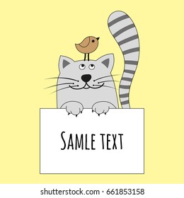 Lovely kitten with striped tail and sparrow. Space for text. Vector illustration in a cartoon style is suitable for greeting cards and T-shirts.