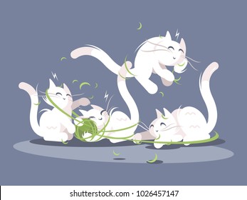 Lovely kittens play with ball of threads. Small pets vector illustration