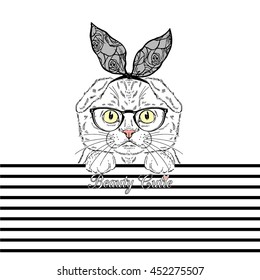 lovely kitty girl on stripy background, hand drawn graphic, girl print