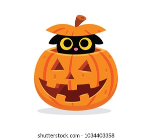 lovely kitty play hide and seek in a halloween pumpkin. 100% vector layered