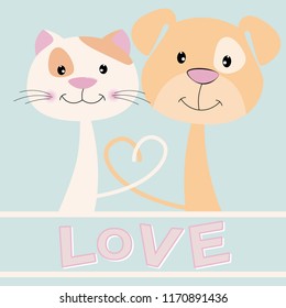 Lovely kitty and puppy with text love on blue background. Kids graphics for t-shirts. Greeting card to Valentines Day.
