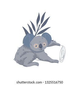 Lovely koala, eucalyptus tree trunk and branch with leaves. Wild Australian bear. Marsupial animal. Vector design