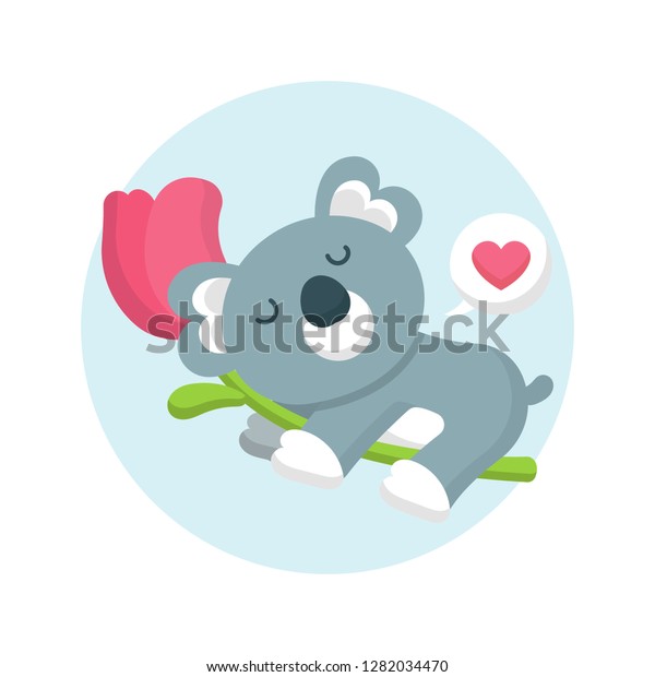 愛らしいコアライラストのキャラクター かわいいコアラ が花を抱きしめる バレンタインカードのコンセプト バレンタイン動物のアイコン 平らなベクター画像スタイル のベクター画像素材 ロイヤリティフリー