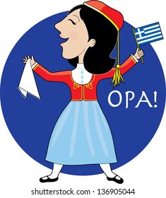 A lovely lady dancing in a Greek national costume. She is holding a Greek flag in her left hand and the traditional handkerchief for dancing in her right.