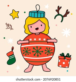 Lovely lady doll or Angel With Star and snowflake, christmas ornaments with present box and red sock, cartoon charector flat design for new year card, vector illustration