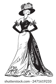 Lovely lady drawing in vintage style clothes of the 18th-19th century.Hand-drawn vector illustration.