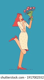 Lovely lady in dress with social media likes bouquet. Social network heart icons in hand. Happy young woman got a lot of likes on the social network concept. Cartoon character color vector drawing