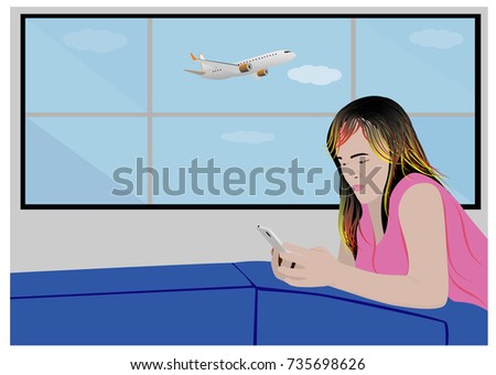 lovely lady with mobile phone at sofa beside window  vector design