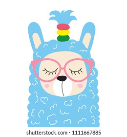 Lovely lama with glasses. Vector. The cartoon. For printing on clothes, postcards.
