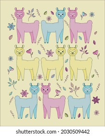 Lovely lamas. Funny hand drawn characters of alpaca. Vector illustration.