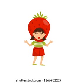 Lovely laughing girl in headdress in form of red strawberry. Cartoon kid character dressed as summer fruit. Flat vector design
