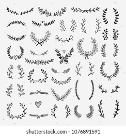 Lovely laurels collection. Beautiful hand drawn wreaths and floral laurels graphic elements for design greeting cards and wedding invitations