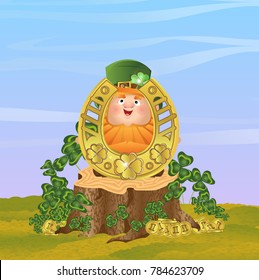 Lovely leprechaun in a green hat and suit sits on a stump and holds a large gold horseshoe. Clover. St.Patrick 's Day. Vector landscape and character